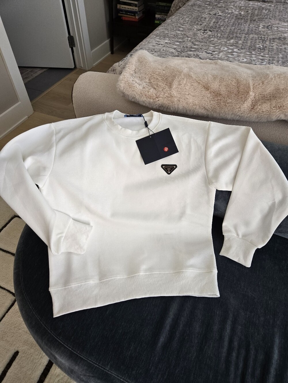 Prada Men’s Cream Crewneck Sweatshirt with Triangle Logo
